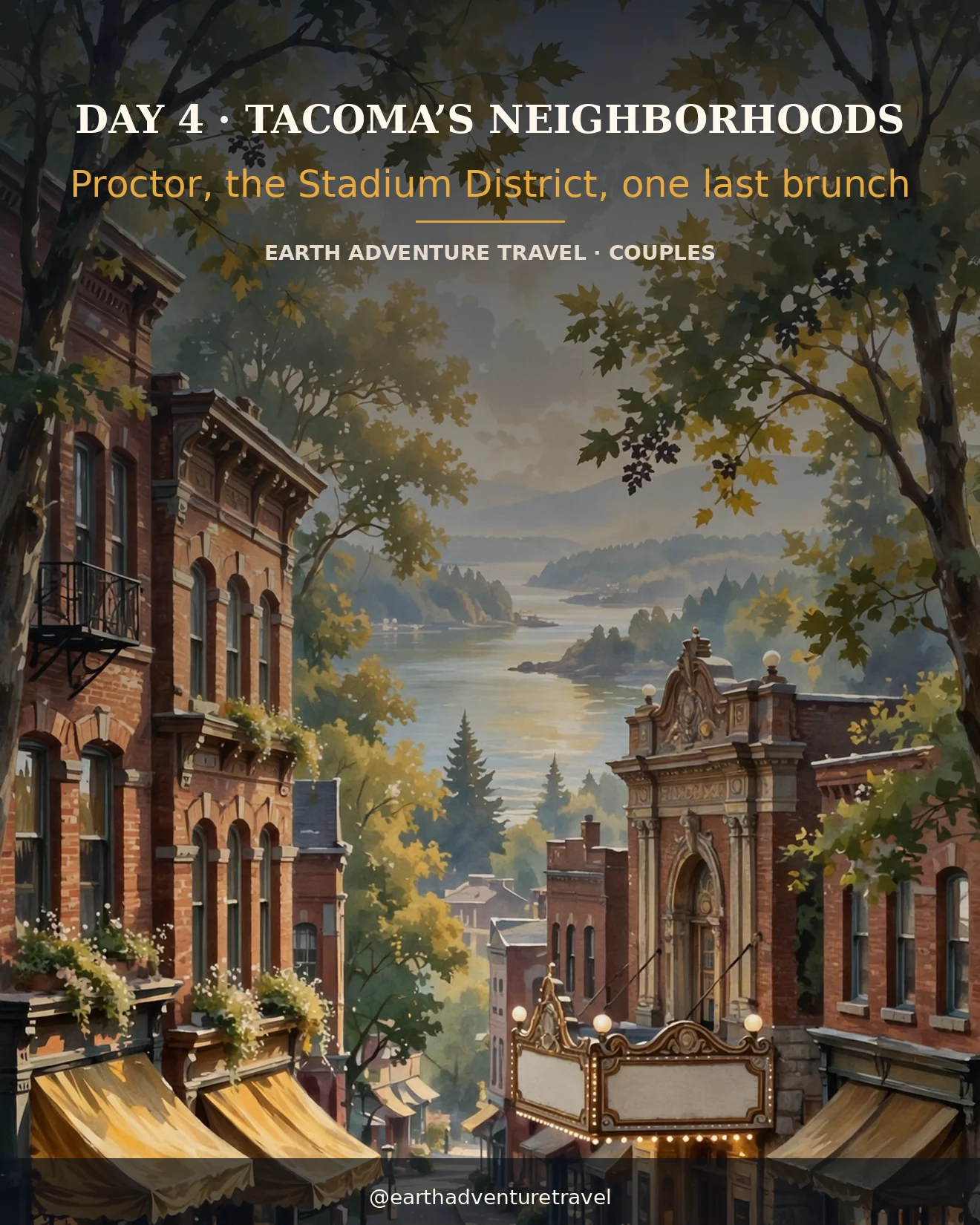 Day 4 itinerary card: a historic Tacoma neighborhood main street in morning light