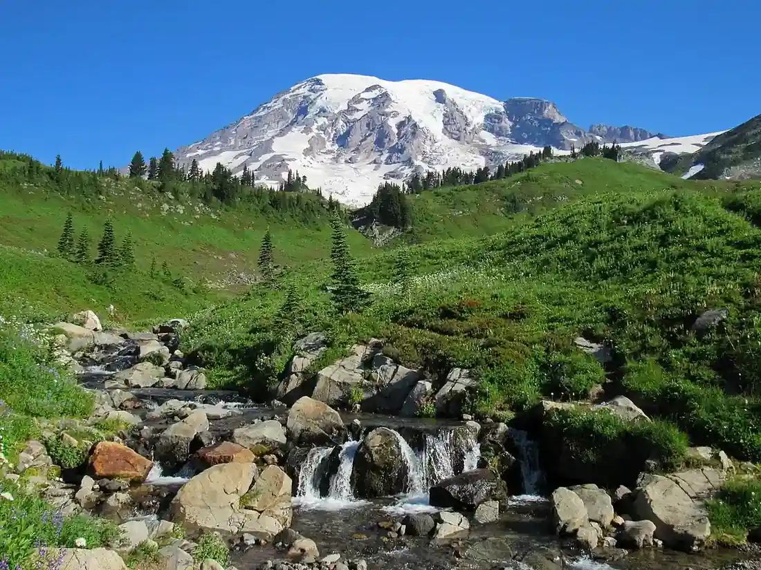 Myrtle Falls with Mount Rainier behind