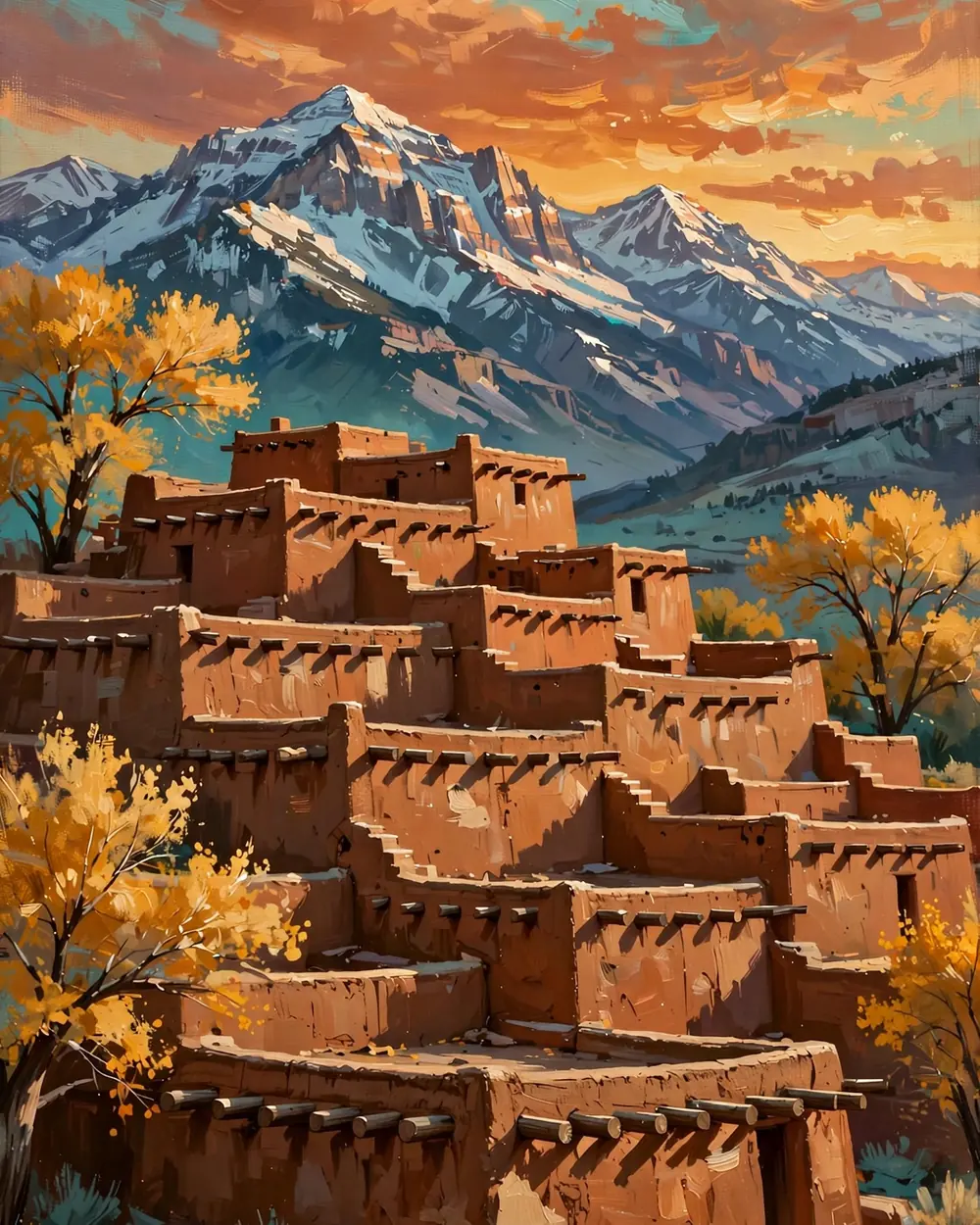 Illustrated Taos couples guide cover: Taos Pueblo at sunset before the Sangre de Cristo mountains