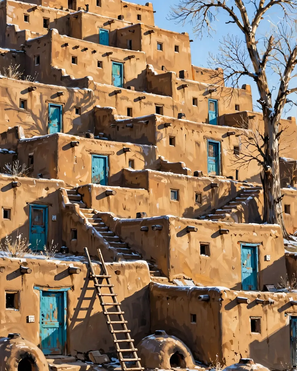 Day 2 graphic: stepped adobe terraces of Taos Pueblo
