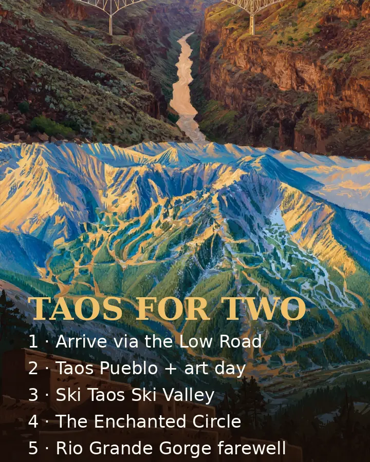 Saveable recap graphic for the five-day Taos couples route