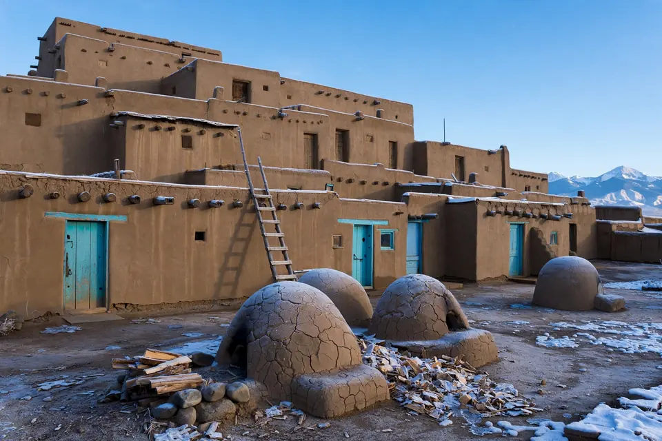 Stepped adobe terraces of Taos Pueblo's north house