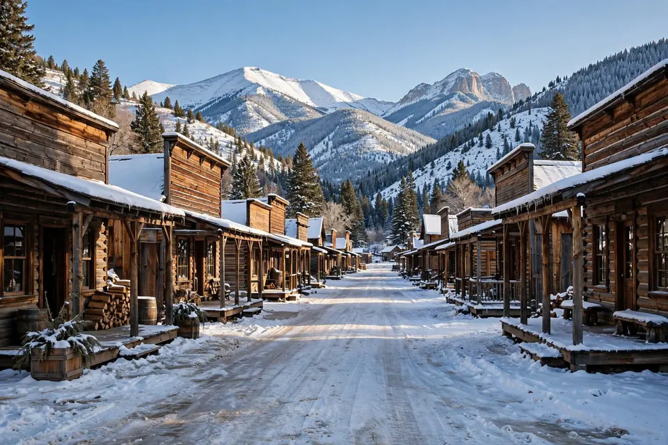 Snow-covered main street of Red River, New Mexico