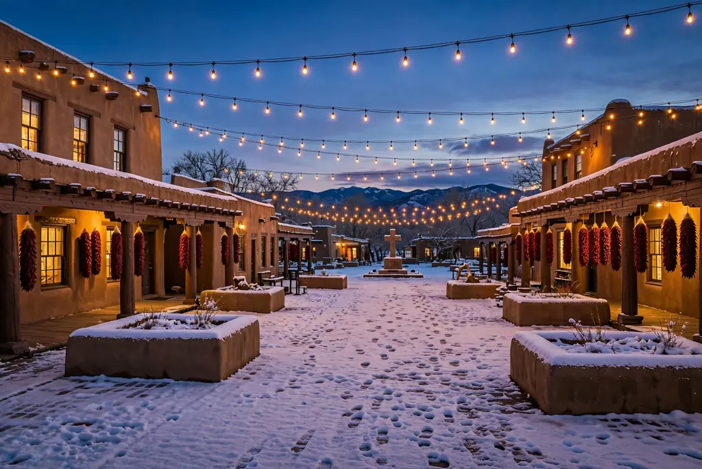 Taos Plaza glowing at dusk on a winter evening