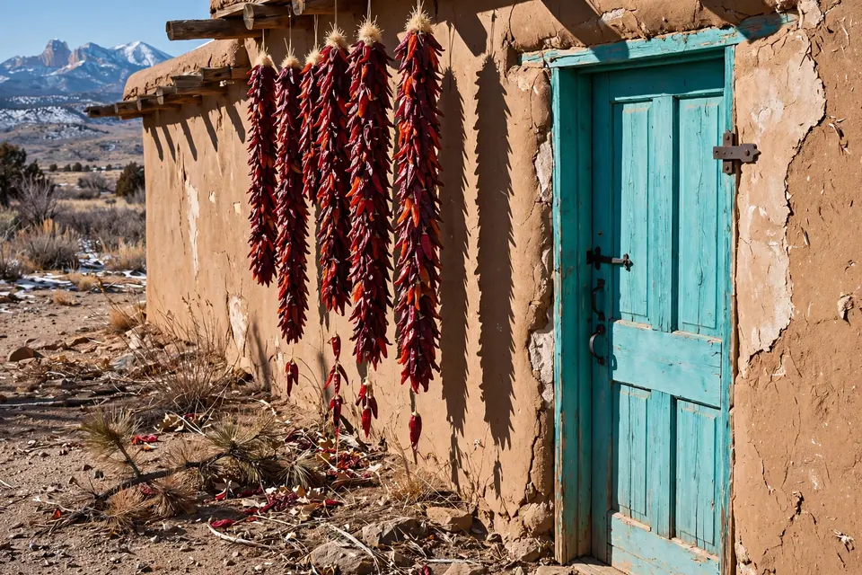 Red chile ristras hanging beside a turquoise adobe door in Taos