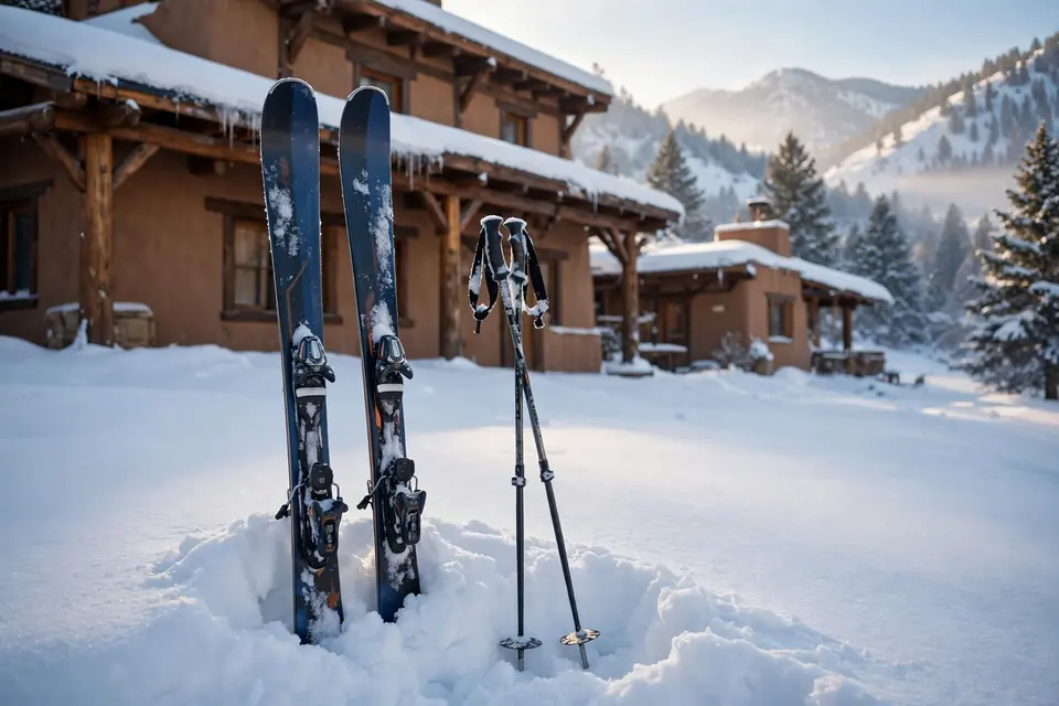 Skis and poles in fresh snow at a New Mexico ski resort base