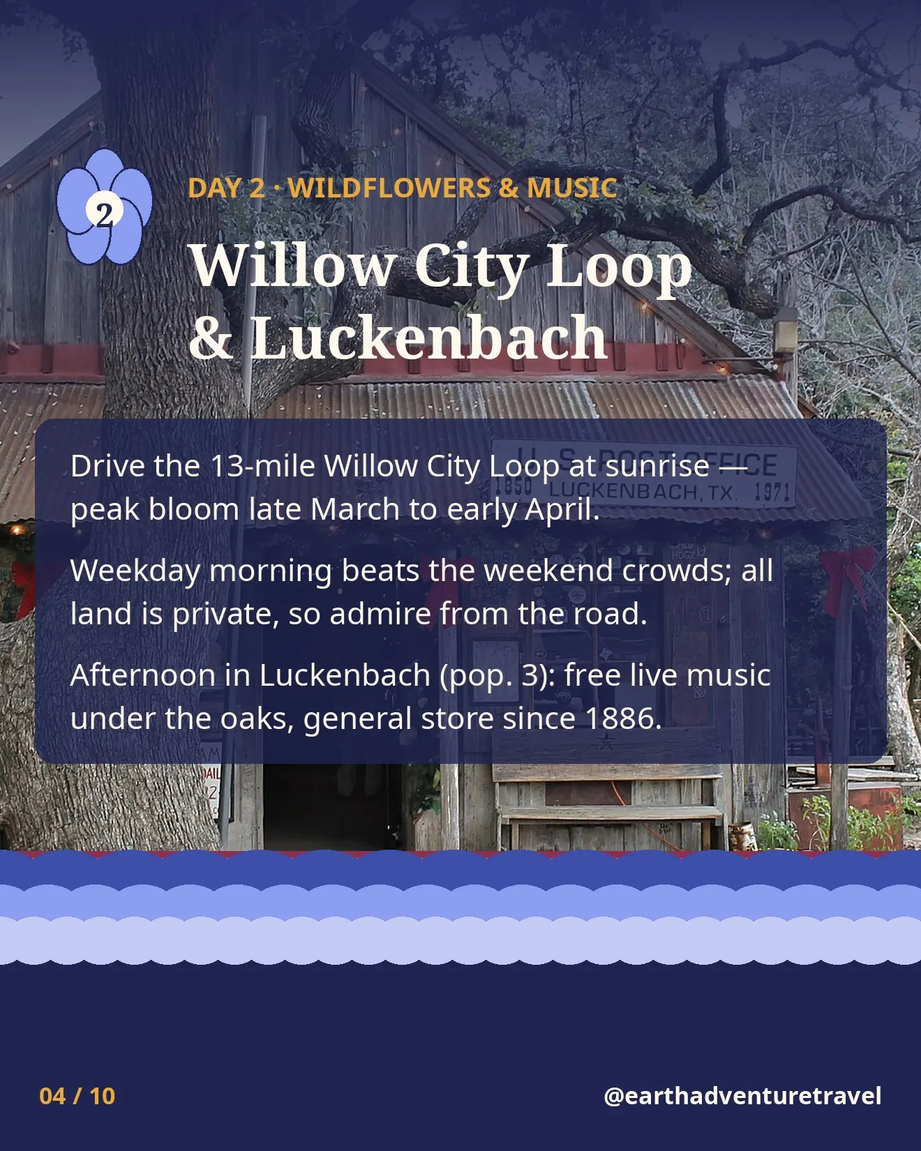 Day 2 itinerary card: Willow City Loop wildflower drive and Luckenbach