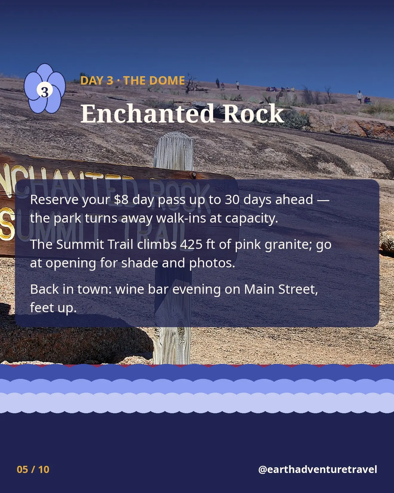Day 3 itinerary card: Enchanted Rock, 425-foot pink granite dome