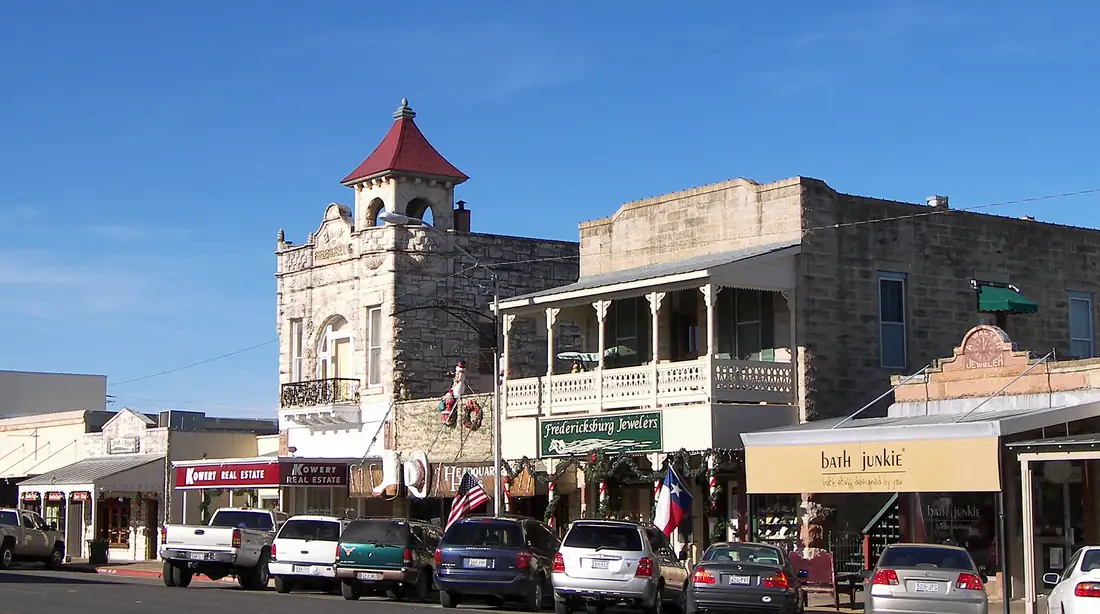 Historic limestone storefronts on Fredericksburg's Main Street