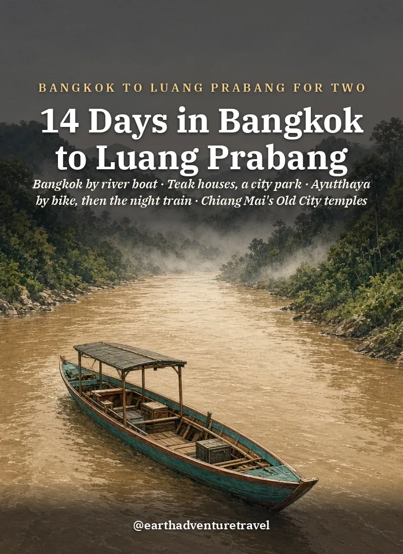 Original Illustration: a wooden slow boat on the Mekong River between misty forested hills in northern Laos