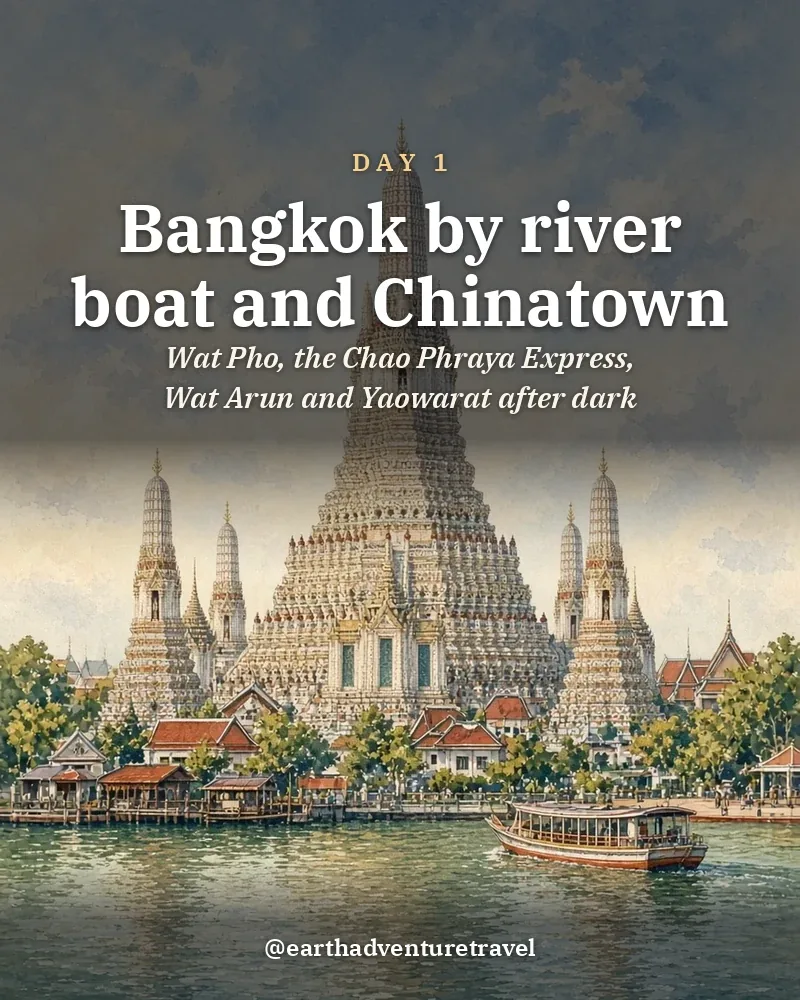 Illustrated day card: Wat Pho, the Chao Phraya Express, Wat Arun and Yaowarat after dark