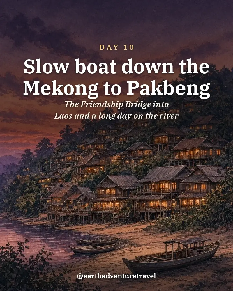 Illustrated day card: The Friendship Bridge into Laos and a long day on the river