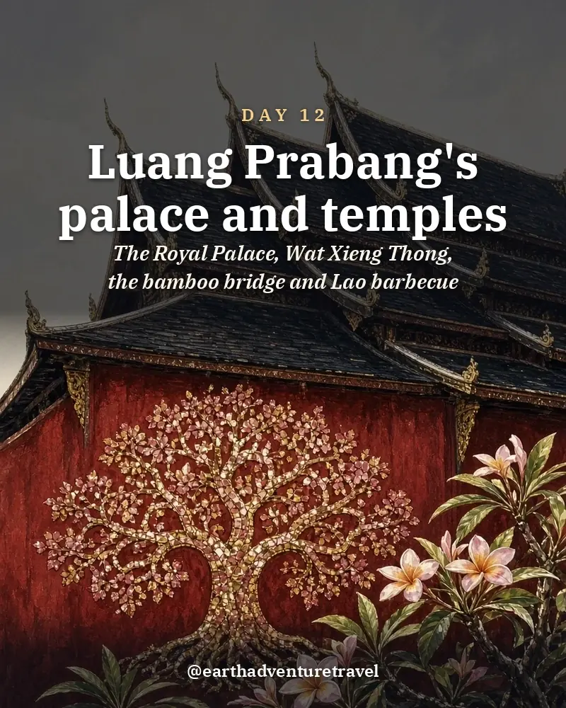 Illustrated day card: The Royal Palace, Wat Xieng Thong, the bamboo bridge and Lao barbecue