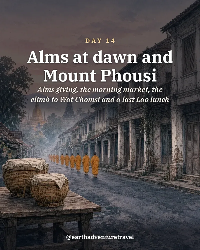 Illustrated day card: Alms giving, the morning market, the climb to Wat Chomsi and a last Lao lunch