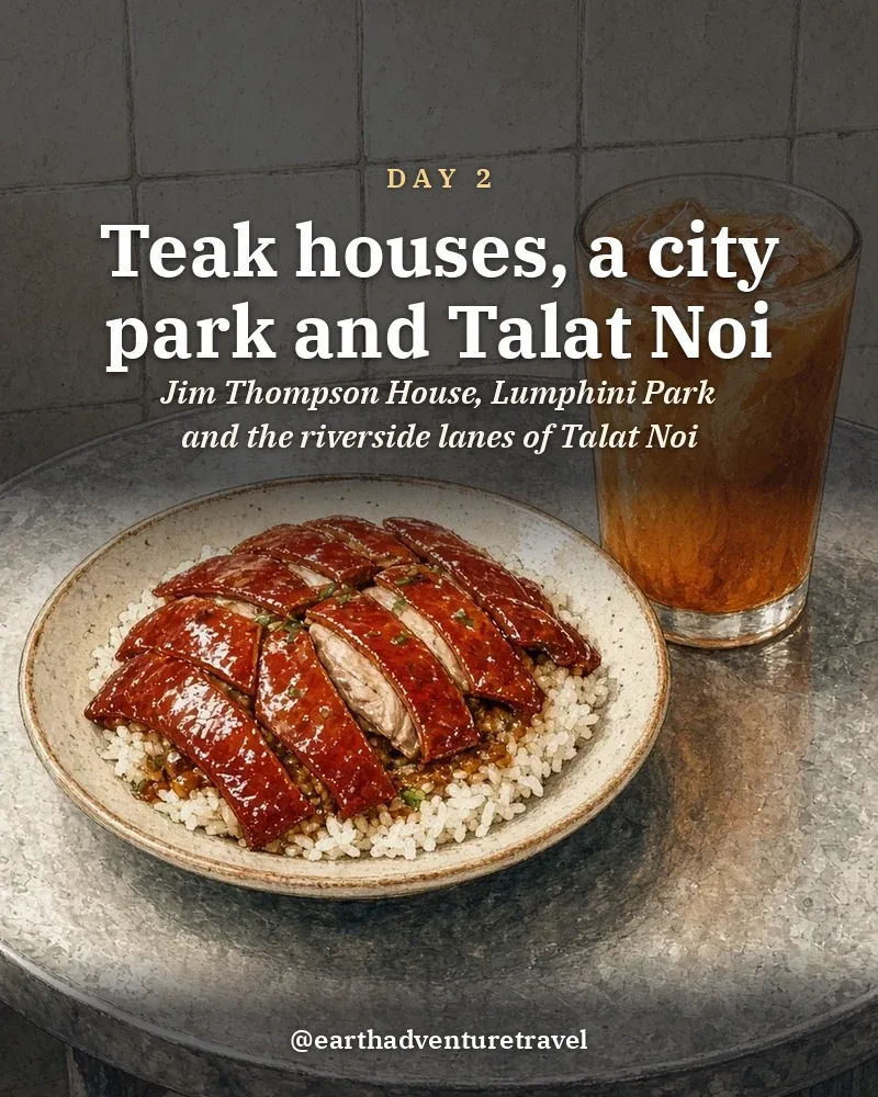 Illustrated day card: Jim Thompson House, Lumphini Park and the riverside lanes of Talat Noi
