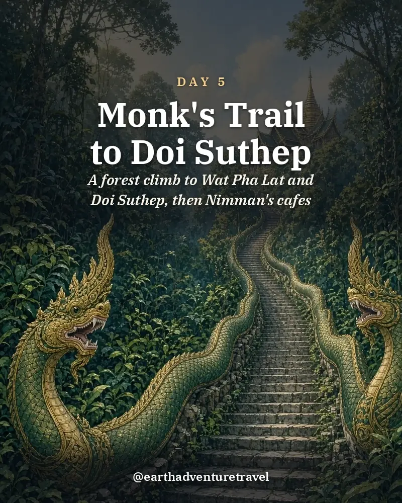 Illustrated day card: A forest climb to Wat Pha Lat and Doi Suthep, then Nimman's cafes