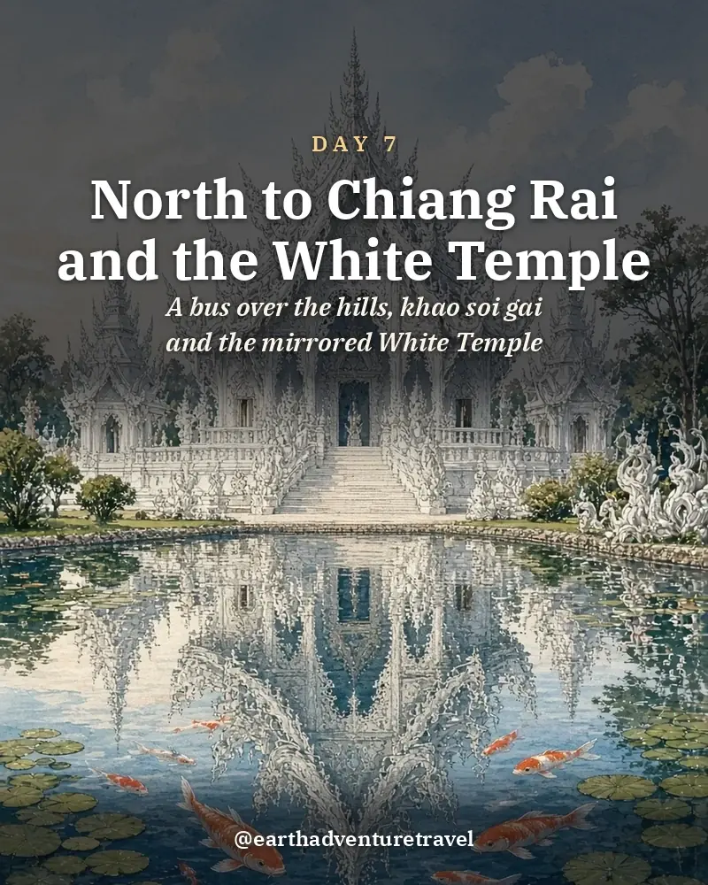 Illustrated day card: A bus over the hills, khao soi gai and the mirrored White Temple
