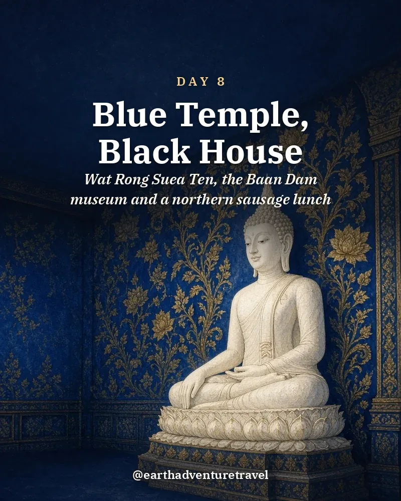 Illustrated day card: Wat Rong Suea Ten, the Baan Dam museum and a northern sausage lunch