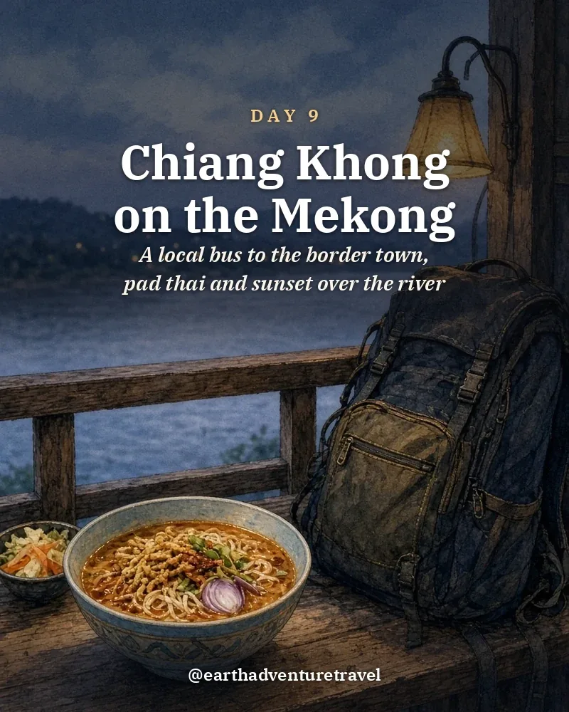 Illustrated day card: A local bus to the border town, pad thai and sunset over the river