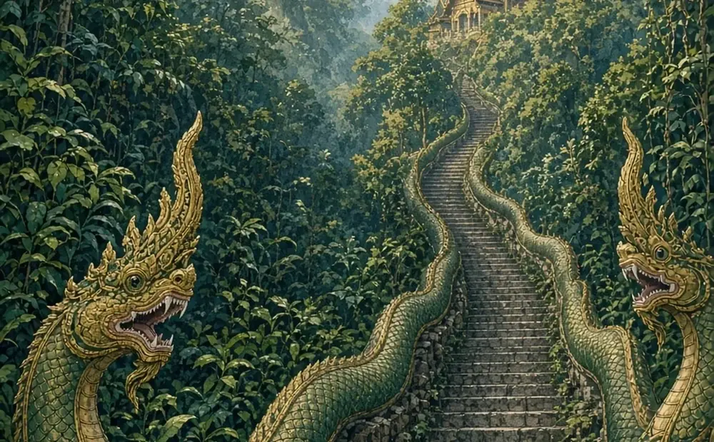Illustrated gold chedi on a forested hill above the Chiang Mai valley at morning