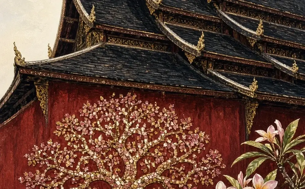 Illustrated sweeping tiered temple roofs of Wat Xieng Thong in Luang Prabang