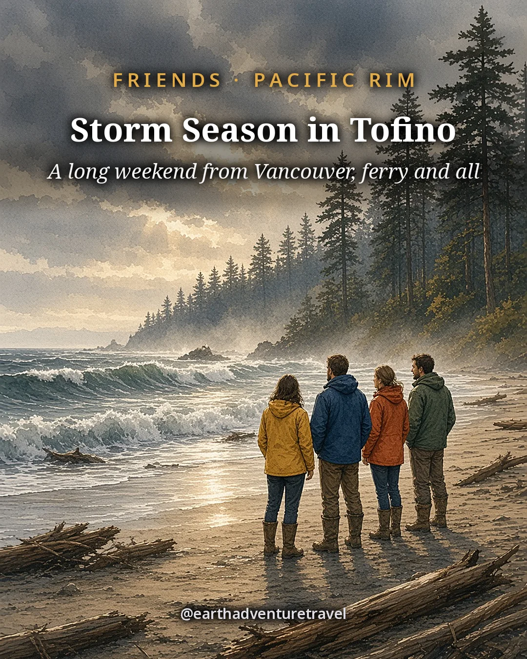 Illustration: the cover for A Tofino Weekend from Vancouver, winter surf on Chesterman Beach below dark forest