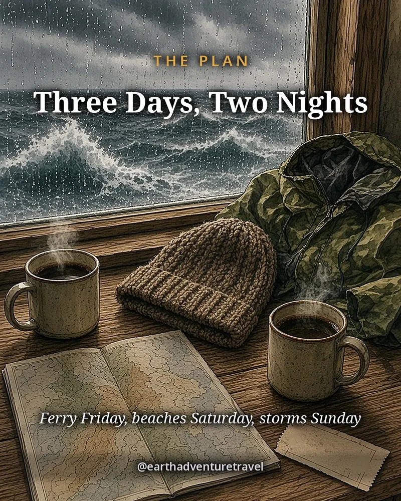 Illustration: an overhead flat lay for a Tofino weekend, with a rain jacket, a tide table, a ferry ticket and a map, original illustrated plan card