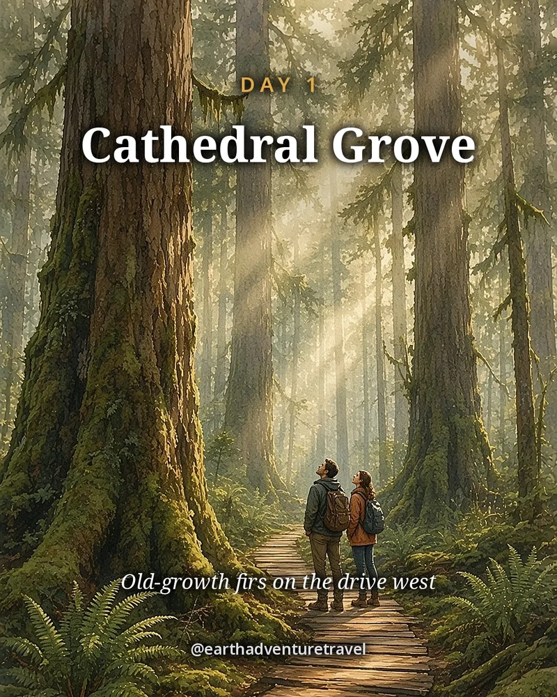 Illustration: giant Douglas firs in Cathedral Grove with mist and ferns, original illustrated day card