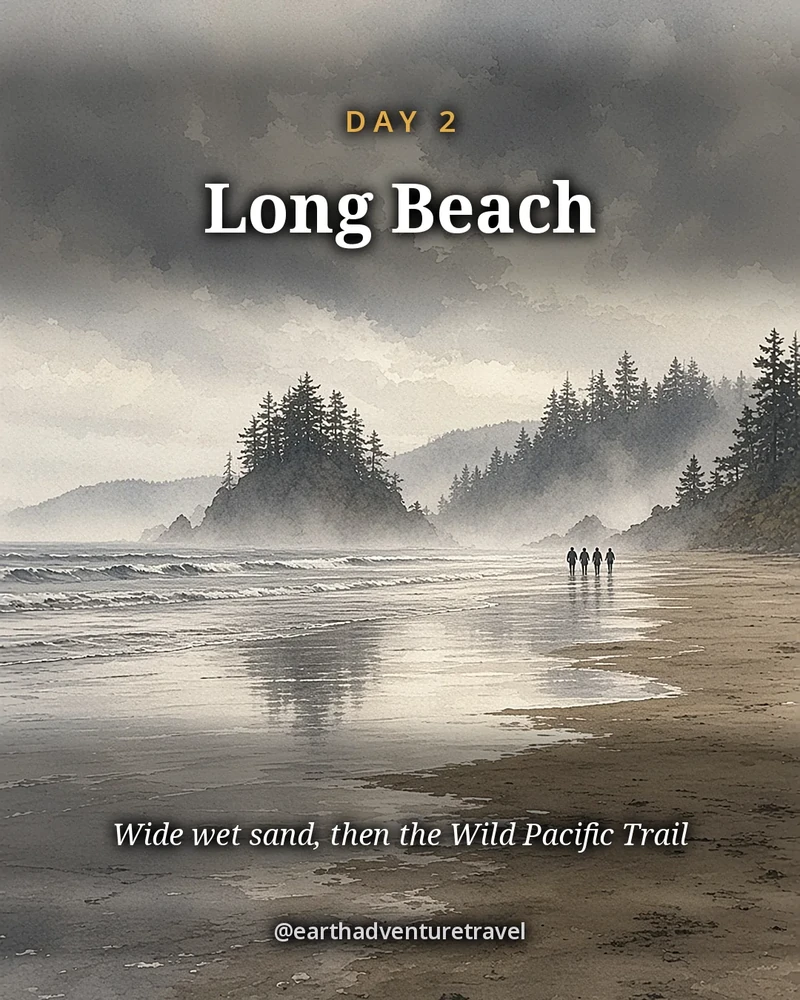 Illustration: Long Beach in Pacific Rim with surf, driftwood and forested headlands under a winter sky, original illustrated day card