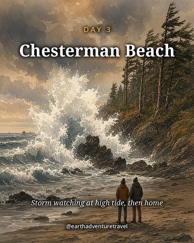 Illustration: winter waves breaking on Chesterman Beach below dark forest, with figures watching from the sand, original illustrated day card