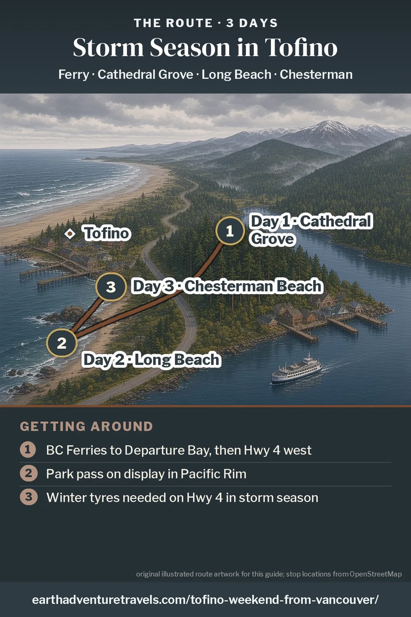 Illustration: a bird’s-eye view of central Vancouver Island in winter, from the Nanaimo ferry across Cathedral Grove to Long Beach and Tofino, with the three-day route: Day 1 Cathedral Grove, Day 2 Long Beach, Day 3 Chesterman.
