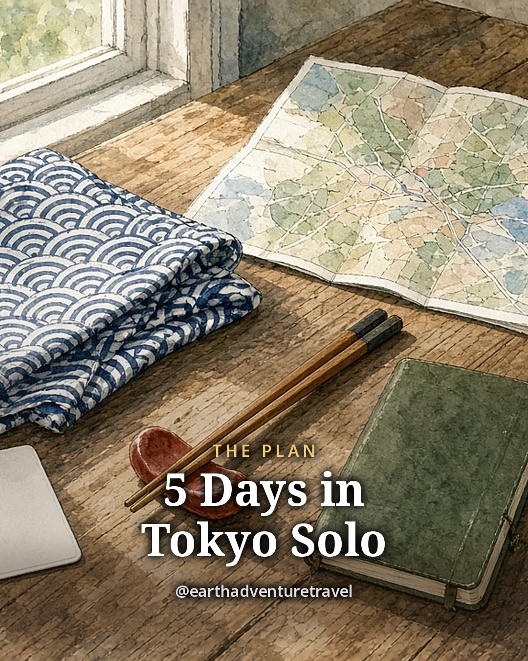 Illustration: a blank transit card, a folded indigo cloth with a wave pattern, chopsticks on a red rest, a green notebook, a paper city map, white sneakers and a cup of green tea on a wooden table by a window, original illustrated plan card for 5 days in Tokyo