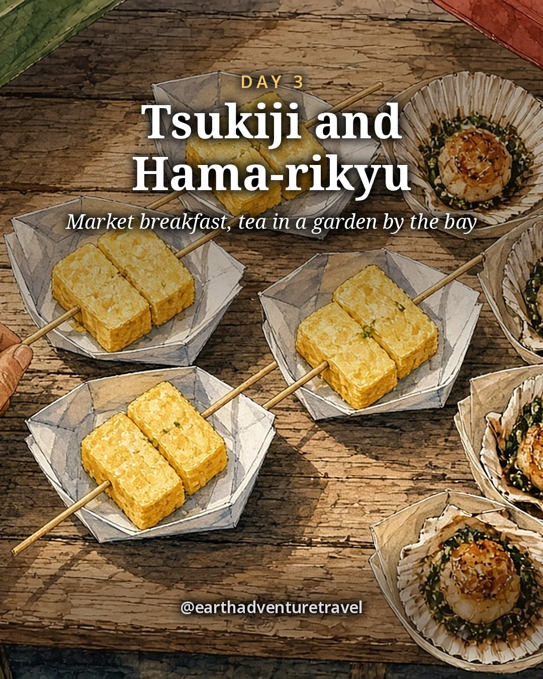 Illustration: seen from above, a hand picking up a skewer of rolled omelet from paper trays of tamagoyaki and grilled scallops on a wooden market stall counter, illustrated day card for Day 3