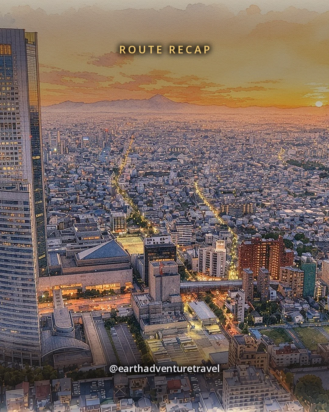 Illustration: Tokyo from the Metropolitan Government observatory at sunset, a tall tower in front and the city spreading to the horizon under an orange and violet sky, original illustrated recap card