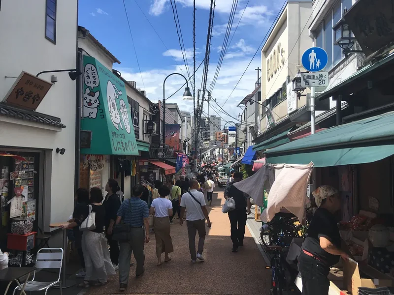 Yanaka Ginza shopping street in Tokyo with small shops, awnings and people walking under overhead wires