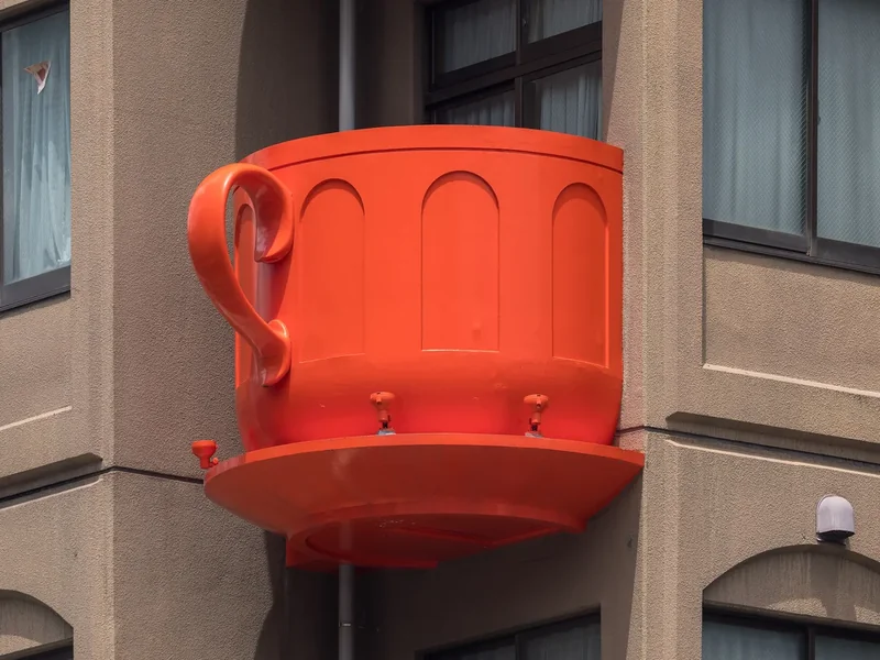 A giant red coffee cup shaped balcony on a building on Kappabashi Dougu Street