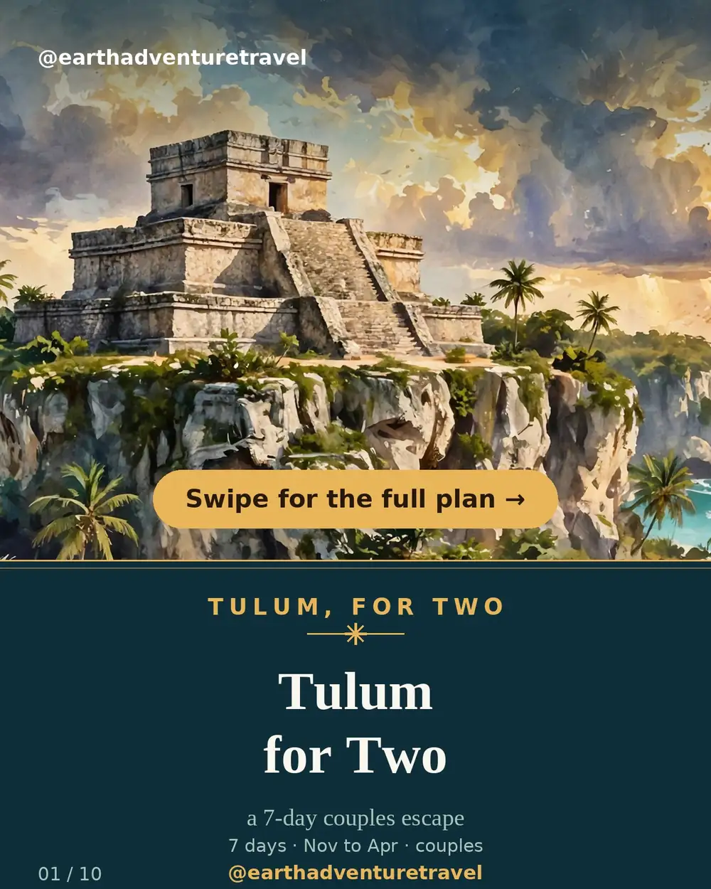 Illustrated Tulum couples guide cover: El Castillo on its cliff above the Caribbean