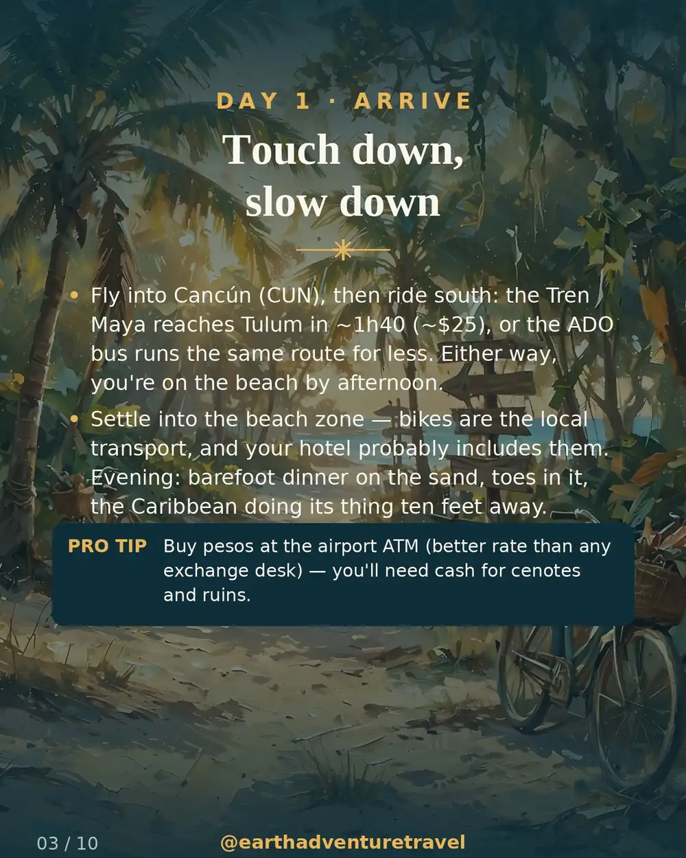 Illustrated day 1: Tulum's beach road at golden hour