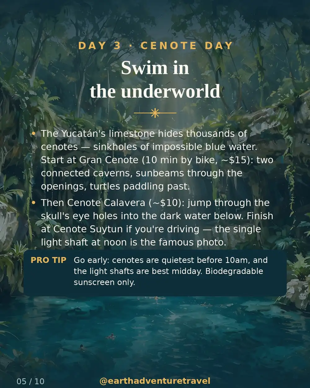 Illustrated day 3: a jungle cenote with sunbeams