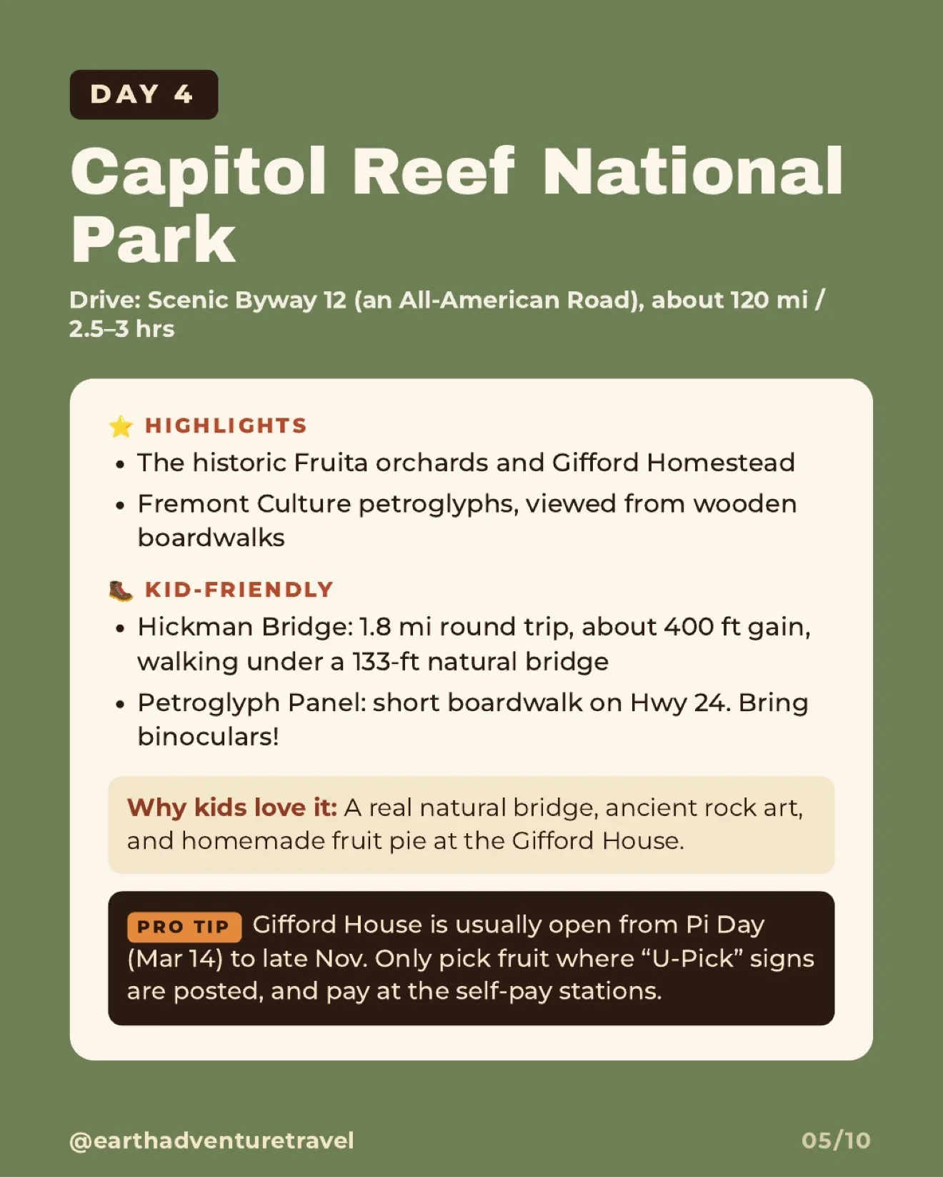 Illustrated Capitol Reef scene with red cliffs, an orchard, and Hickman Bridge