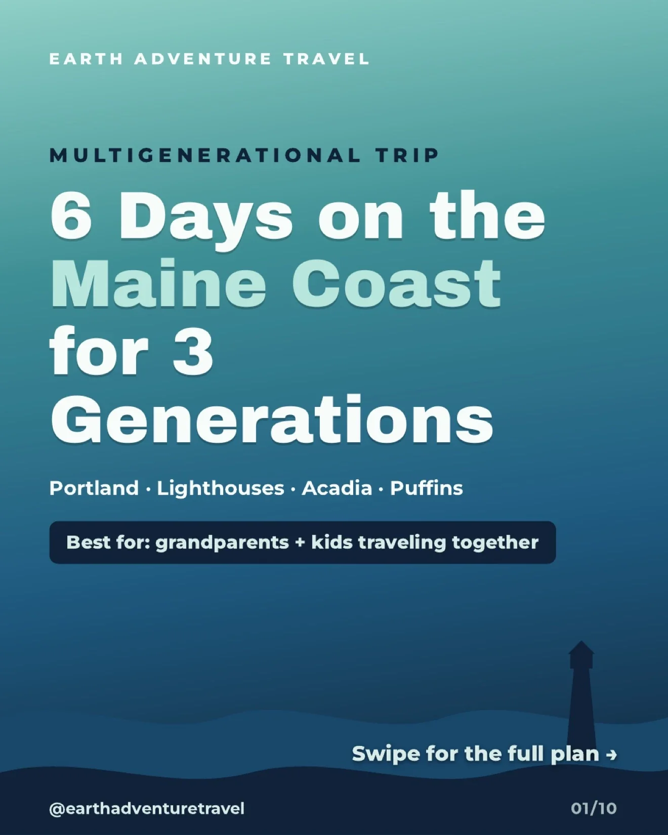 Illustrated multigenerational family on Maine’s rocky coast near a lighthouse
