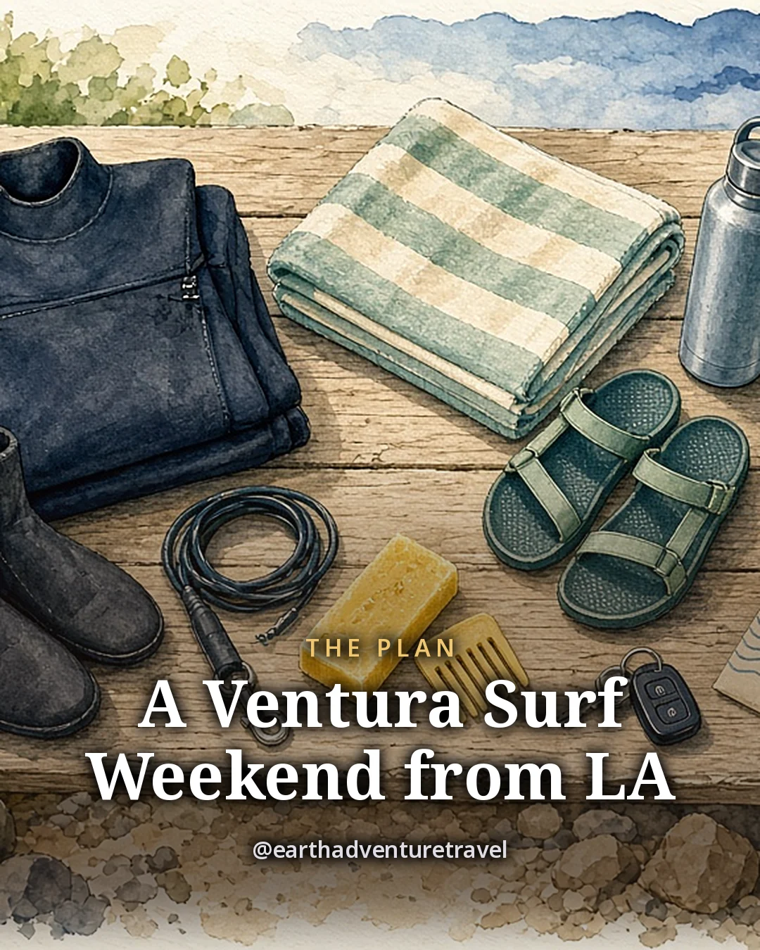 Illustration: a folded black wetsuit, neoprene booties, a coiled leash, a bar of surf wax and a wax comb, a striped towel, sandals, a steel water bottle and a car key on a wooden table, original illustrated plan card for 3 days in Ventura