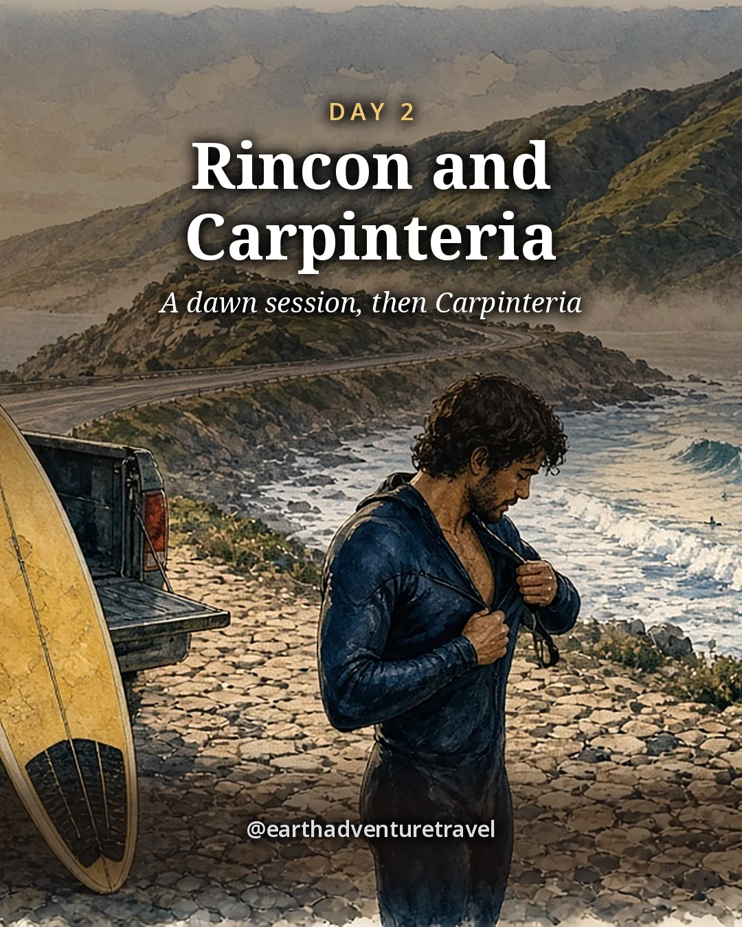 Illustration: one surfer pulling on a wetsuit at the open tailgate of a pickup truck above a cobblestone point at dawn, lines of swell wrapping around Rincon Point, illustrated day card for Day 2