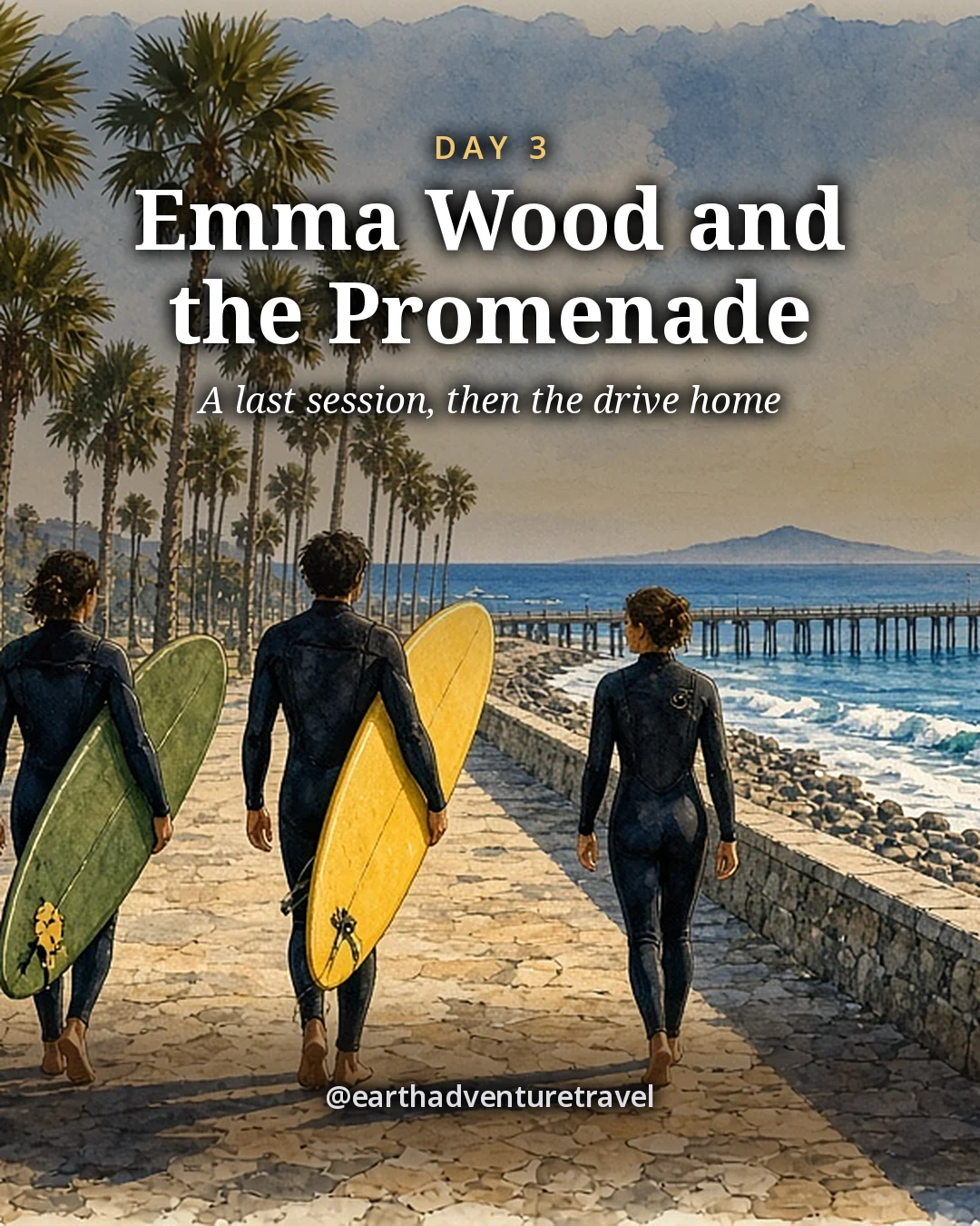 Illustration: three small friends seen from behind carrying longboards along a seaside promenade with tall fan palms and surf breaking beyond the seawall, illustrated day card for Day 3