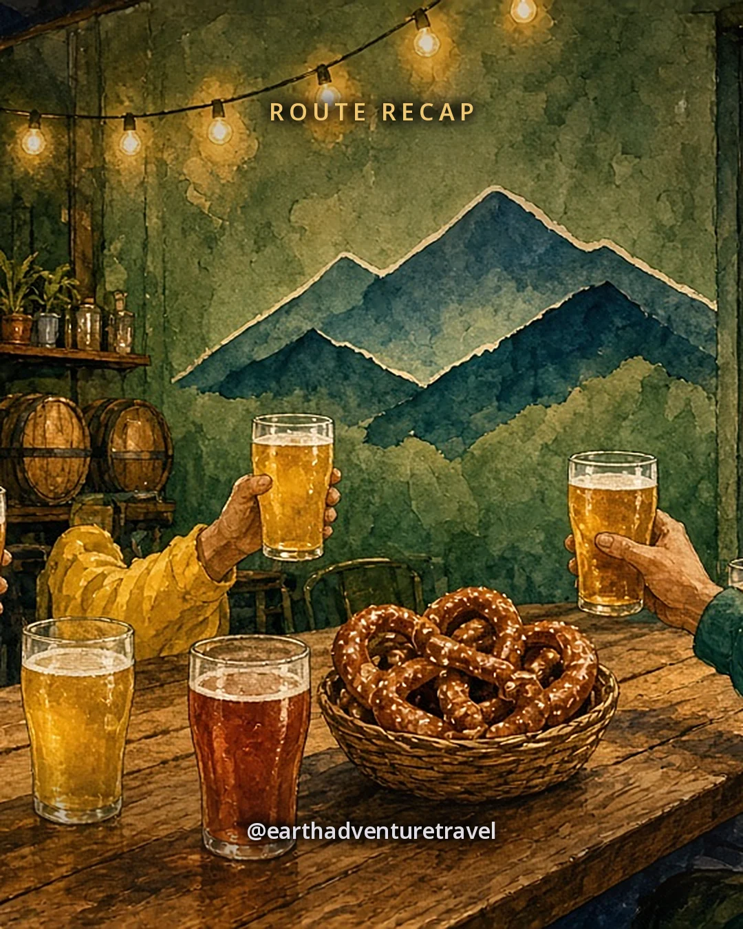 Illustration: a brewery taproom at dusk, a long wooden communal table with pints of golden and amber beer and a basket of pretzels, hands raising glasses, steel tanks and a roll-up door open onto a street with palms, original illustrated recap card