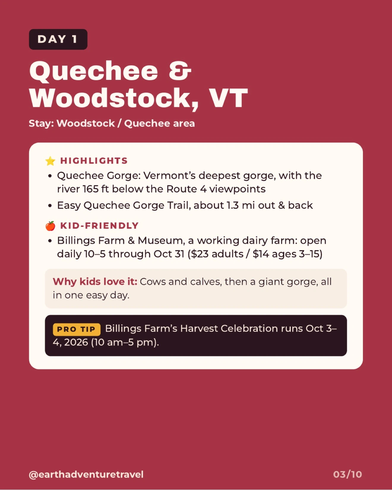 Day 1 itinerary graphic for Quechee Gorge and Billings Farm in Woodstock