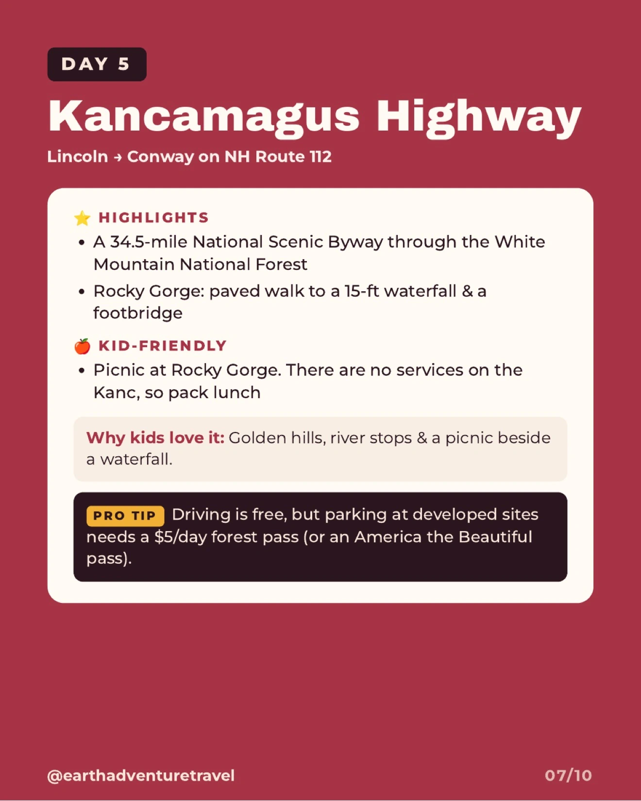 Day 5 itinerary graphic for the Kancamagus Highway and Rocky Gorge
