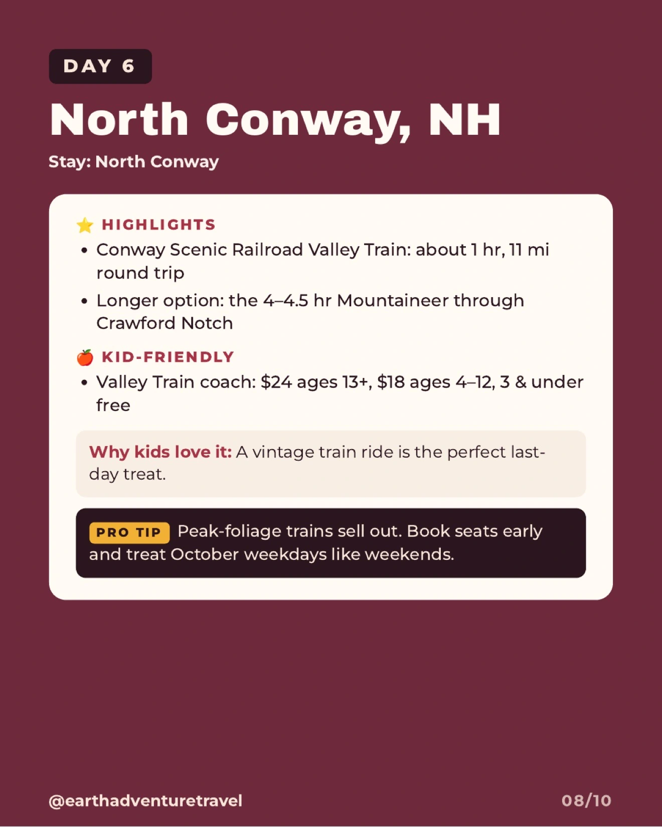 Day 6 itinerary graphic for Conway Scenic Railroad in North Conway