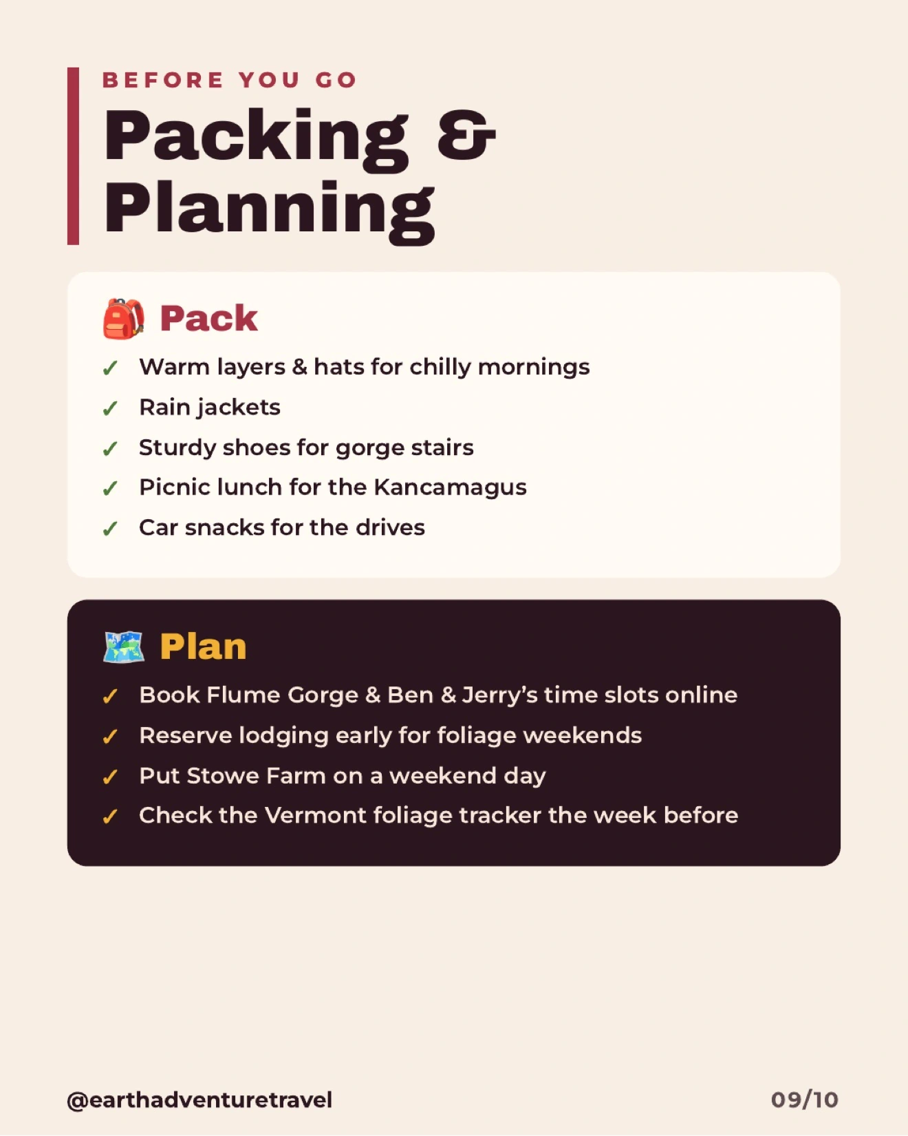 Packing and planning checklist for the Vermont and New Hampshire itinerary