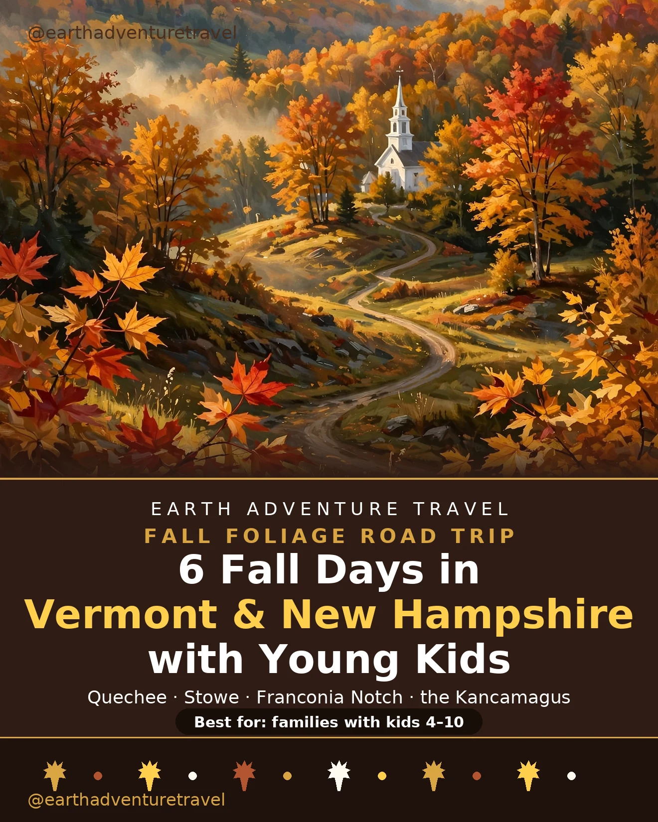 Illustrated New England road winding through red and gold fall foliage